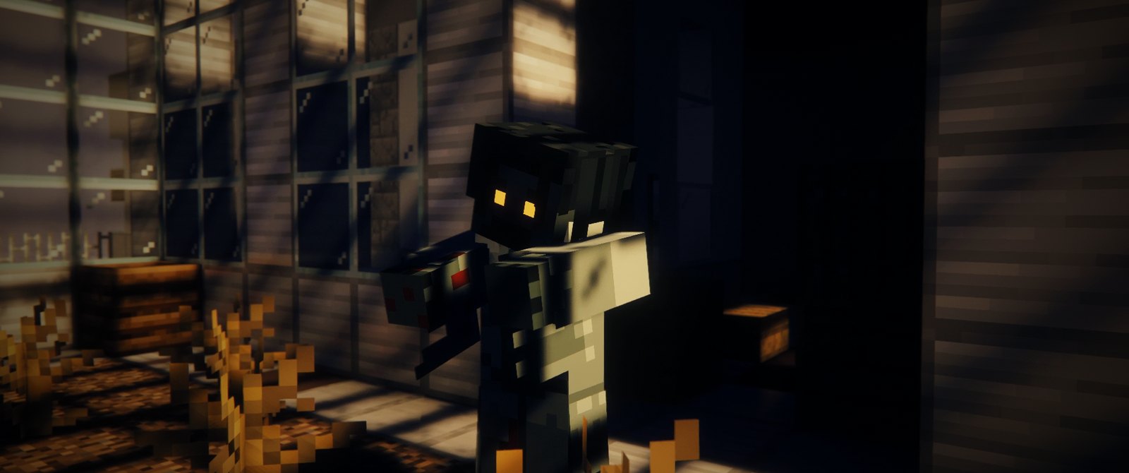 A thin-air zombie in the light of a window, in what is left of its lab coat