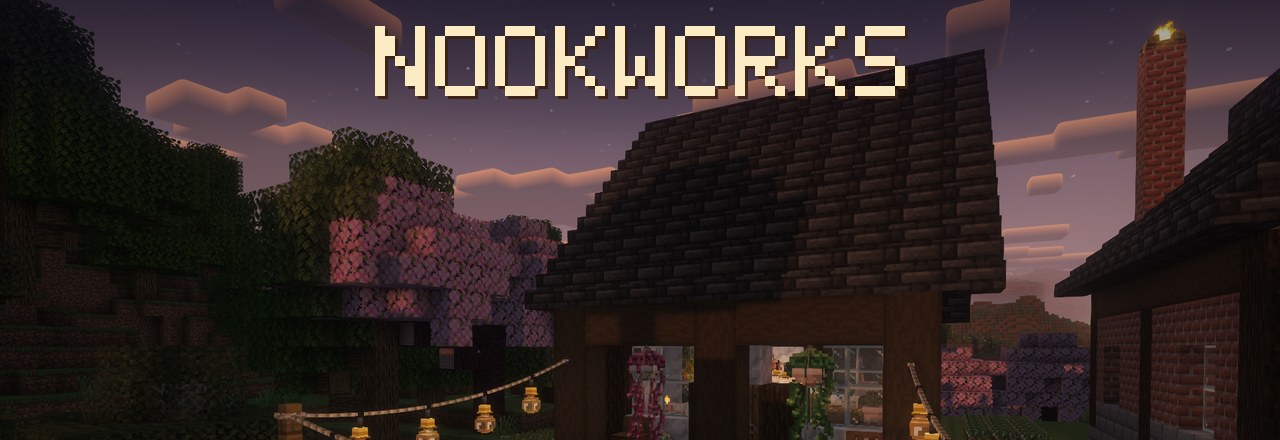 Nookworks: a cottage at dusk, café lights strung on Thin Rope