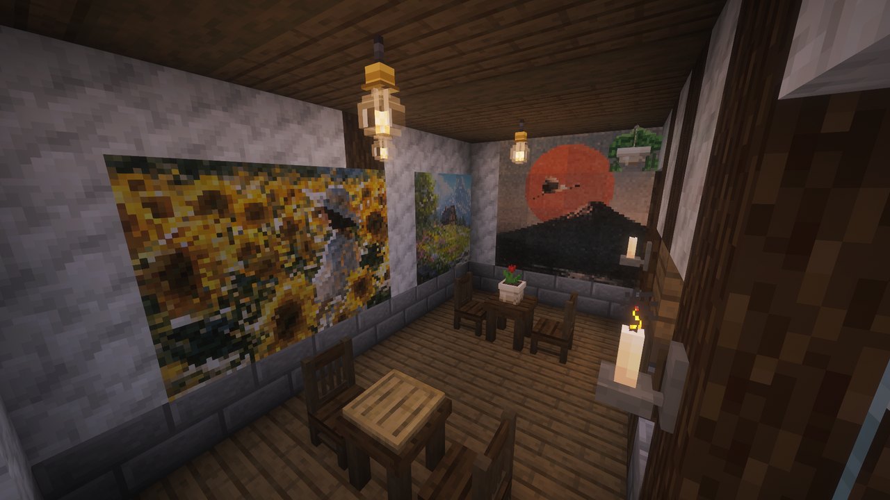 A café's walls covered in posters of many sizes
