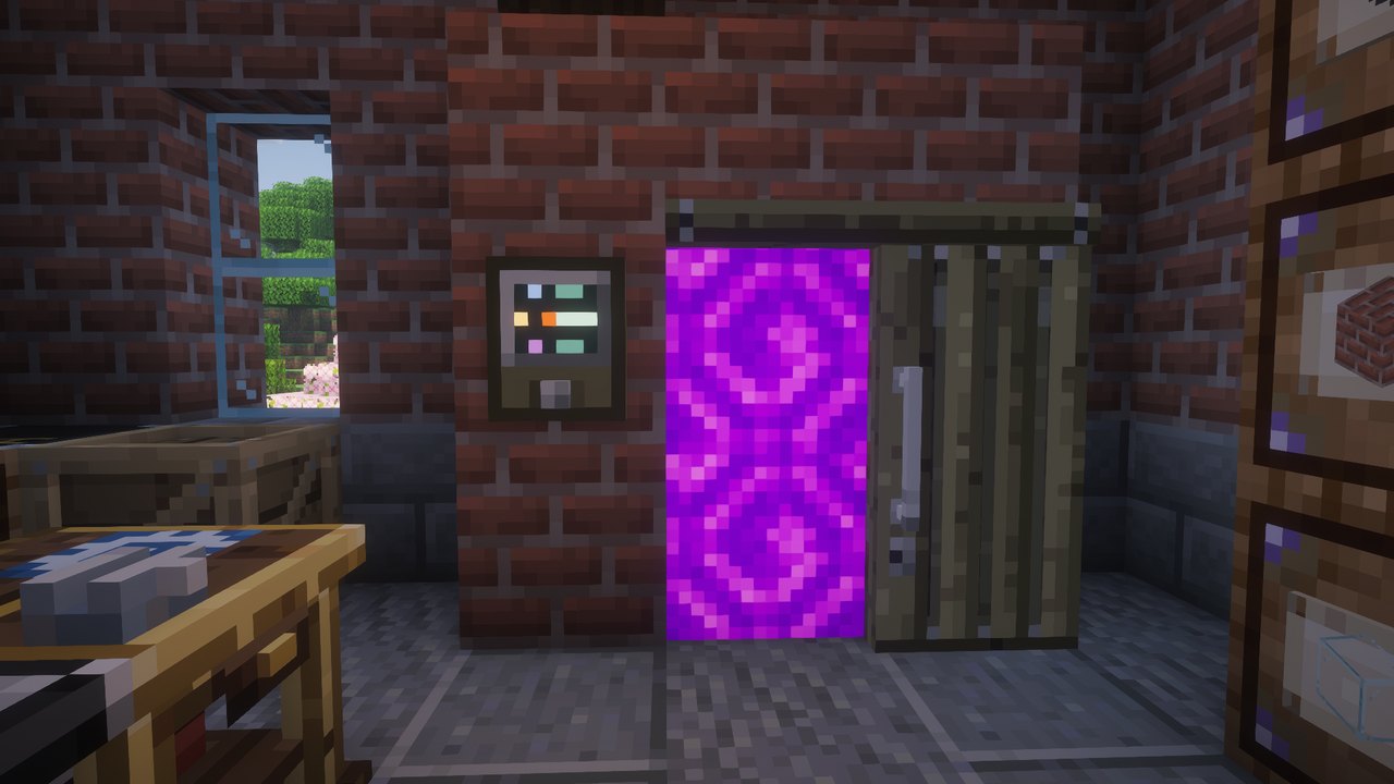 The Dock-a-Daemon Door open onto the Nether, its Destination Panel beside it