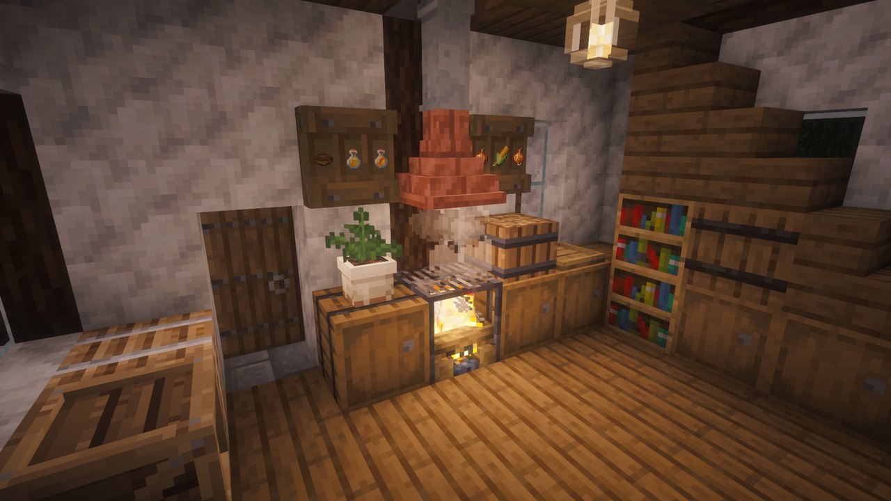 A kitchen corner: the Iron Pot on the fire under a Range Hood, Wall Shelves beside it