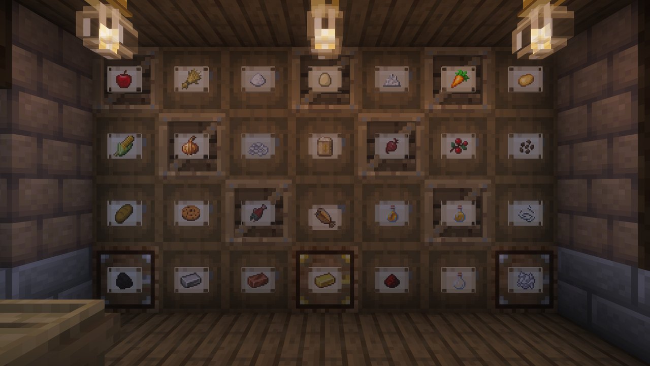 A store's wall of barrels and crates, each with a printed label
