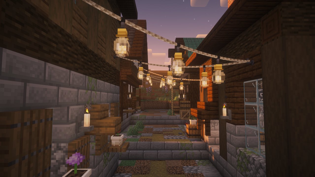 A village lane at night under café lights, built with Nookworks