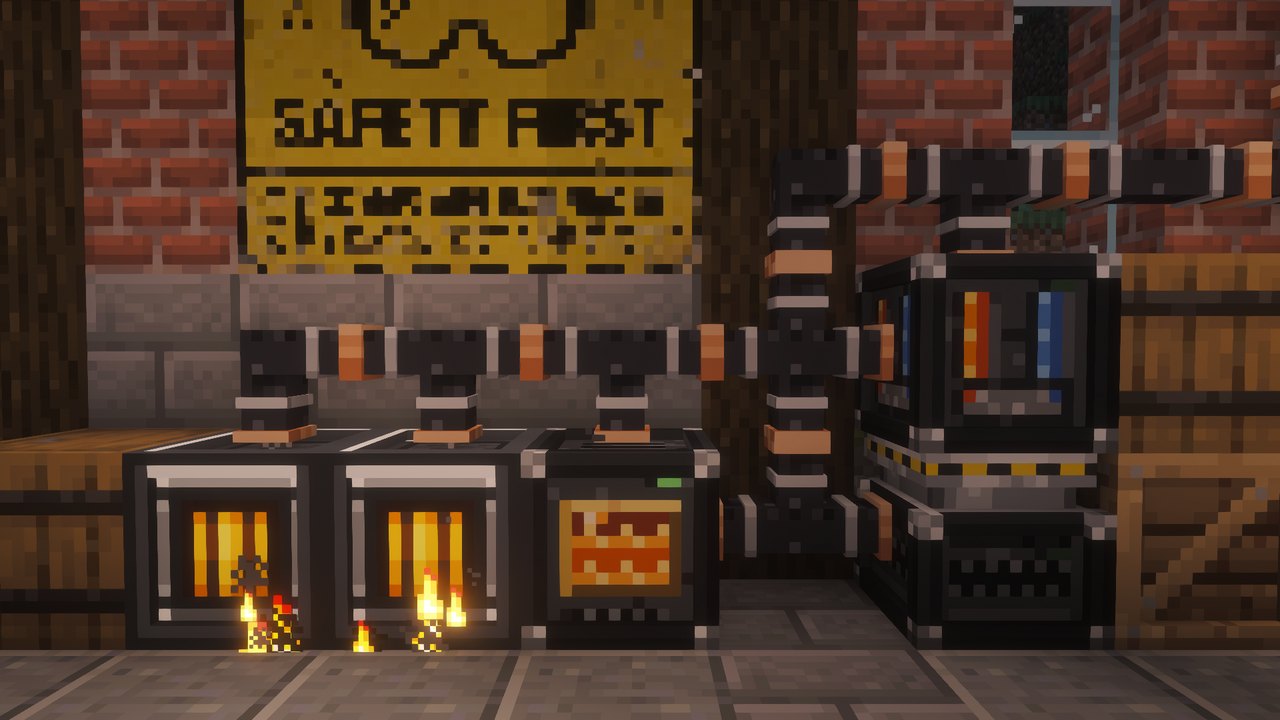 Nook Works' hall at night: Generators burning, cable to the Electric Furnace and Crusher