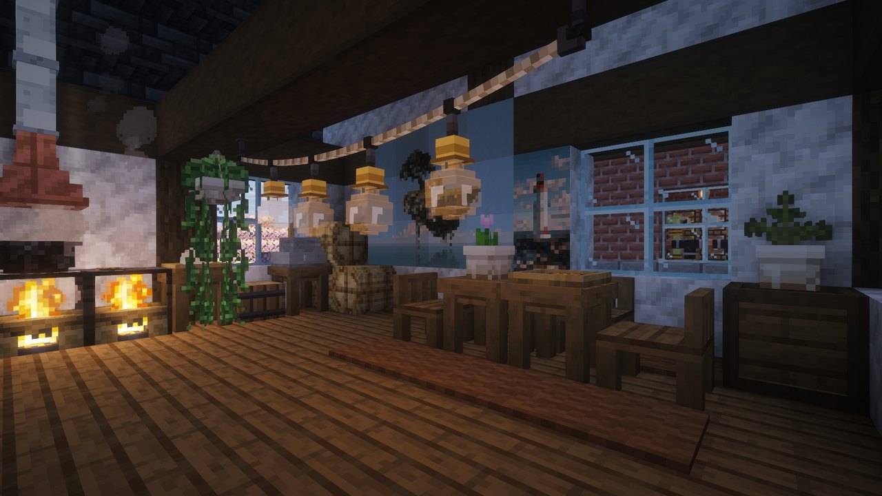 The kitchen: an Iron Pot on the fire under a Range Hood, café lights along the beam