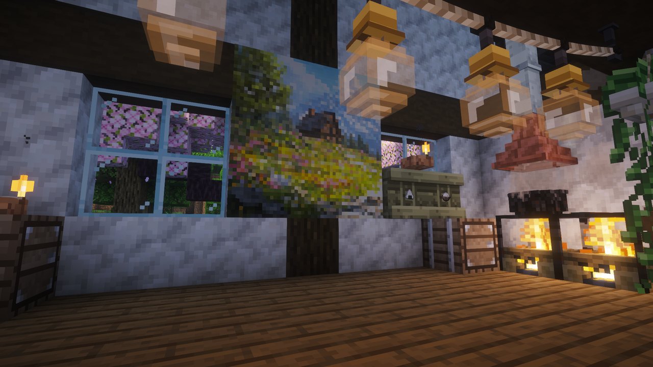 A poster between two windows, a shelf of rice balls and udon by the stove
